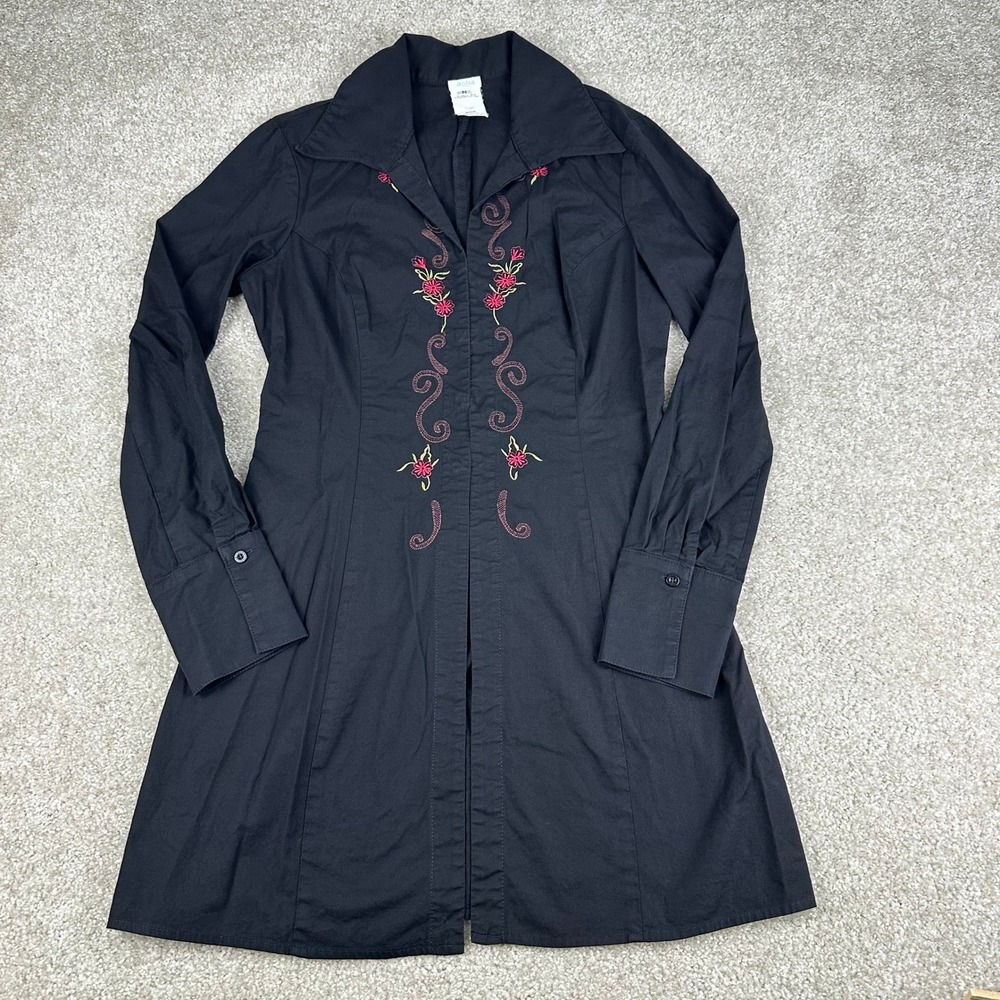 Aqua Black Embroidered Floral Longline Duster Shirt Jacket Cotton M Whimsigoth